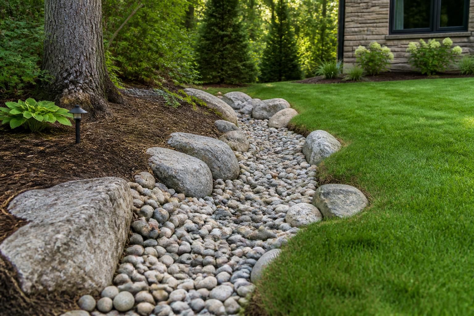 Finished drainage solution with dry creek bed and clean grading