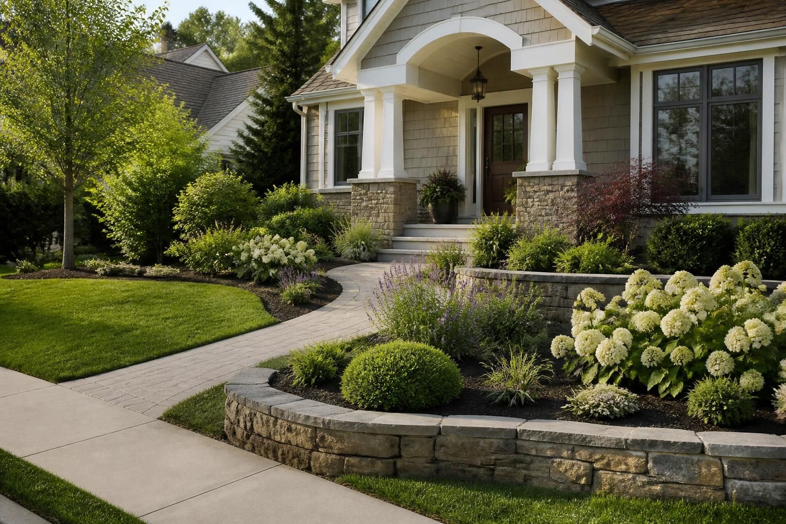 Welcoming home landscape with stone edging and lush front yard